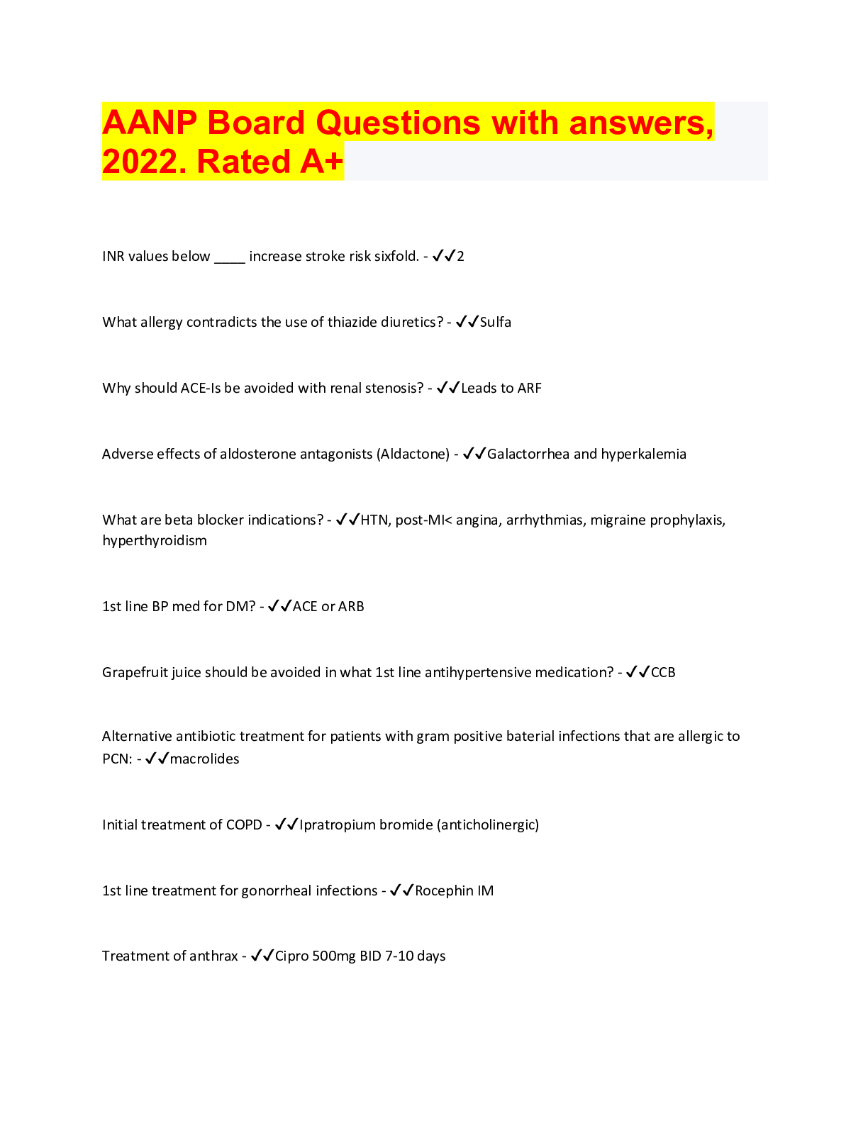 Preview of AANP Board Questions with answers, 2022. Rated A+